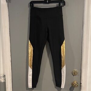 AQUA ATHLETIC Black Gold and White Colorblock Workout High-Rise Leggings Size S‎